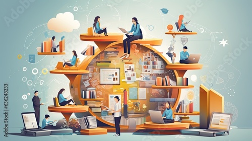 Several people working of different parts of a house or room and collaborating. Coliving and nomad concepts