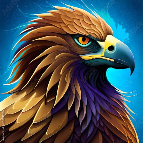 Abstract painting image of a golden eagle, with splashes of paint and colour scheme consisting of purple, blue, brown, yellow.