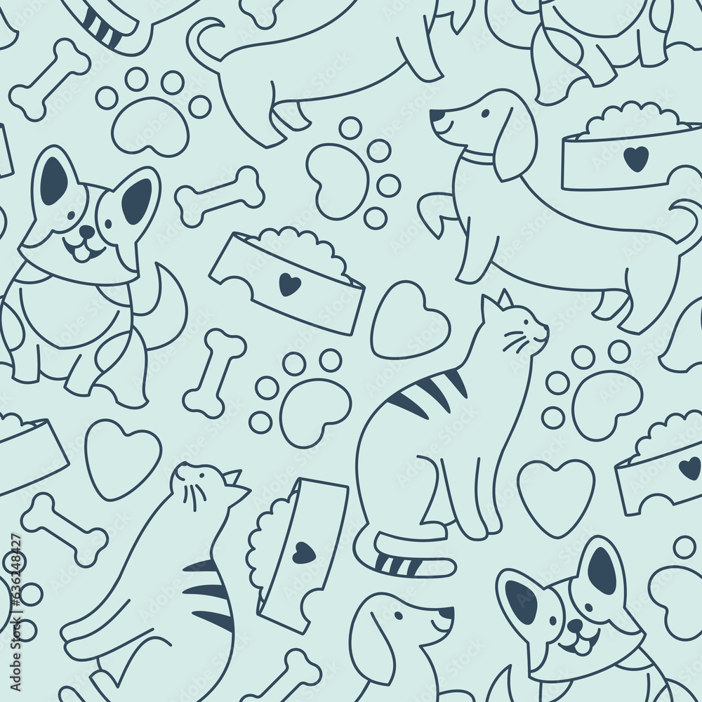 Pet minimalist seamless pattern. Dachshund with cat and corgi dog. 