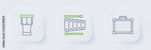 Set line Guitar amplifier, Xylophone and African percussion drum icon. Vector