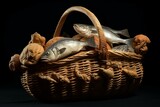 Basket containing 5 loaves of bread and 2 fish. Generative AI