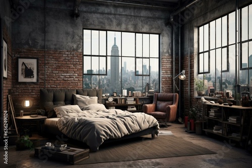 Vintage loft apartment with an old industrial bed. Generative AI © Cybele