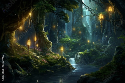 Magical elven ravine adorned with towering peaks  lush foliage  babbling brook  and mesmerizing lanterns and fireflies. Generative AI