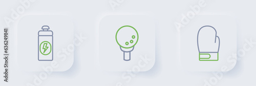 Set line Boxing glove, Golf ball on tee and Fitness shaker icon. Vector