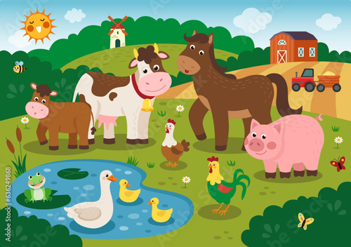 Farm animals. Pond duck. Flying butterfly and honeybee. Domestic cow or lamb. Chicken in meadow. Frog and pig. Field tractor. Pony on ranch. Countryside tidy landscape. Vector rural scene © Natalia