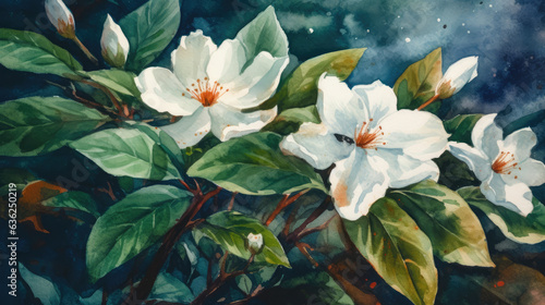 a watercolor painting of white flowers and leaves on a blue watercolor background with green leaves and a brown spot in the center of the petals.
