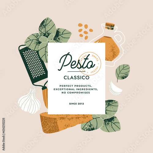 Traditional italian pesto sauce ingredients. Parmesan cheese with basil and garlic. 