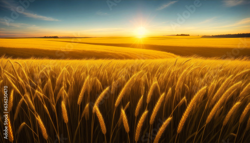 Close up of golden wheat ear  field of wheat in a summer day against the sunny blue sky. Agricultural concept design for banner  poster or cover. Ai Generated.