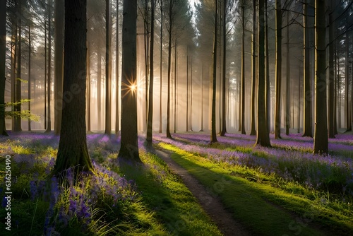 Amazing sunrise through bluebell woodland. Wild 