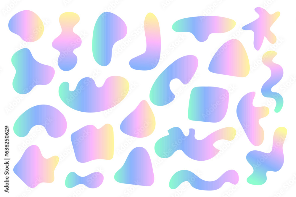 Set of isolated abstract shapes with gradient. Elements of holographic chameleon design. Gradient iridescent shapes. Amorphous and geometric spots. Vector illustration.