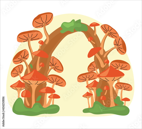 Fantastic mushrooms grow on a tree. The concept of autumn, season, mysticism, picking mushrooms. Vector illustration.