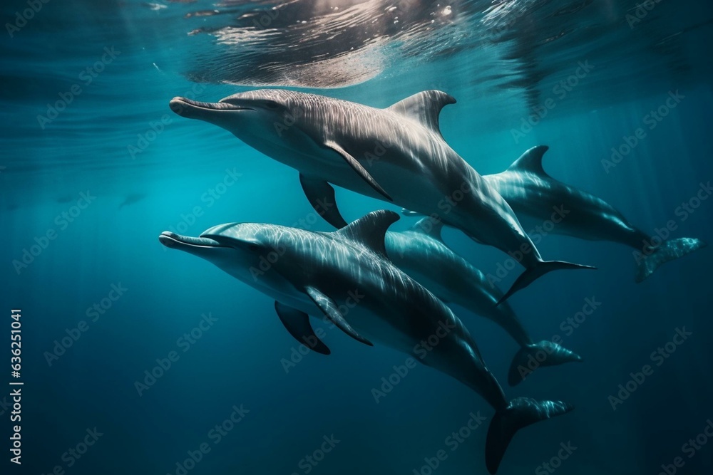 Dolphins swimming in unison. Generative AI
