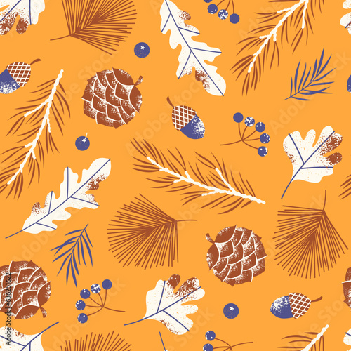 Pine three branches and berries seamless pattern. Forest elements