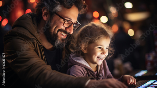 Man and young girl are sitting together at computer.