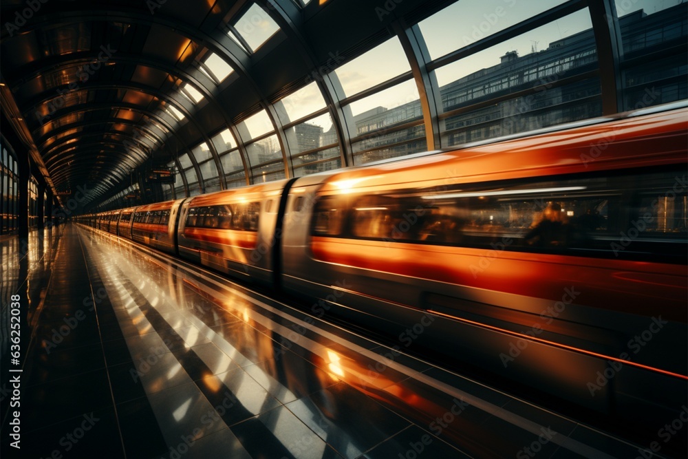 Transient rush Motion blur frames high speed trains passage through bustling station Generative AI Transient rush Motion blur frames high speed trains passage through bustling station Generative AI