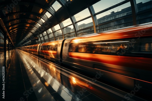 Transient rush Motion blur frames high speed trains passage through bustling station Generative AI