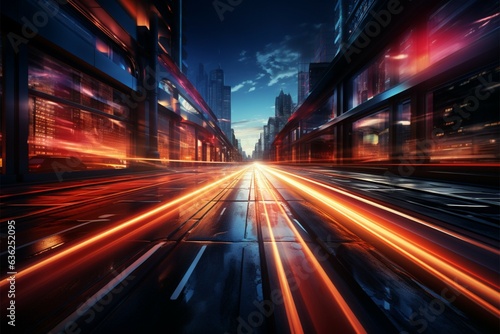 Urban motion spectacle Long exposure unveils abstract speed light trails within cityscape Generative AI