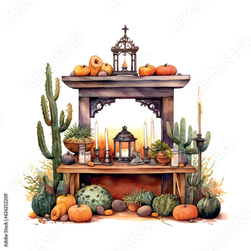 Vintage watercolor illustration with mexican altar Day of the dead