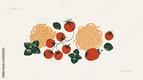 Tomato and basil with pasta. Food collection. 