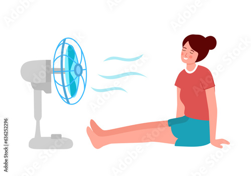 Woman with electric fan blowing in flat design. She exhausted of hot summer day. Tired female feel more comfortable in front of wind blow.