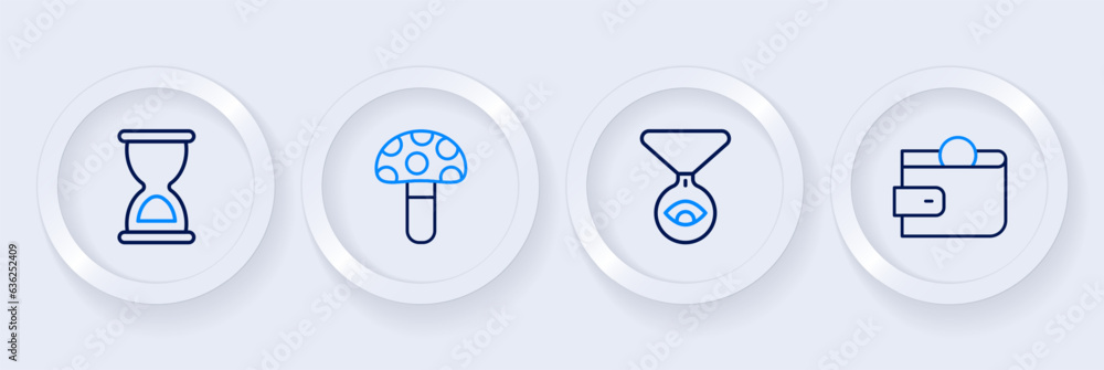 Set line Wallet, Medallion on chain with eye, Psilocybin mushroom and Old hourglass icon. Vector Set line Wallet, Medallion on chain with eye, Psilocybin mushroom and Old hourglass icon. Vector
