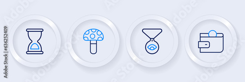 Set line Wallet, Medallion on chain with eye, Psilocybin mushroom and Old hourglass icon. Vector