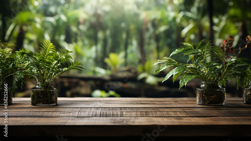 The empty wooden table top with blur background of Amazon rainforest.