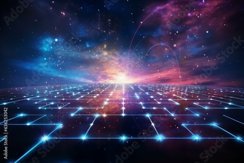 Digital technology platform with dot line light stars galaxy connections in cyber space. Future innovation in abstract presentation concepts. Generative AI