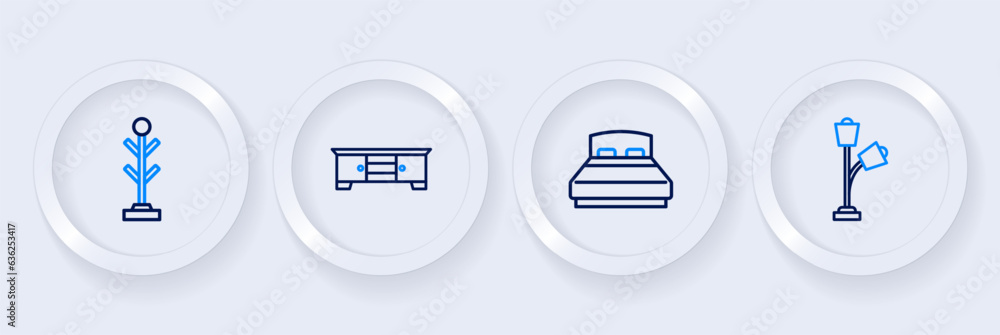 Set line Floor lamp, Big bed, TV table stand and Coat icon. Vector Set line Floor lamp, Big bed, TV table stand and Coat icon. Vector