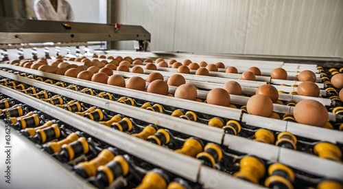 Fresh raw chicken eggs on a conveyor belt, being transferred to packaging. Consumerism, egg production, automated business, organic farming concept.
