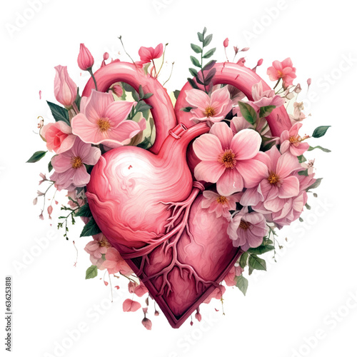 Retro watercolor illustration red pink anatomical heart watercolor flowers