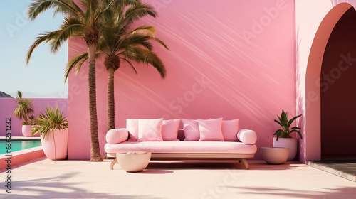 Outdoor space with sofa and palms, pink colors photo