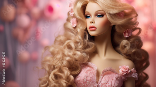 Beautiful plastic doll with long blonde hair on pink background