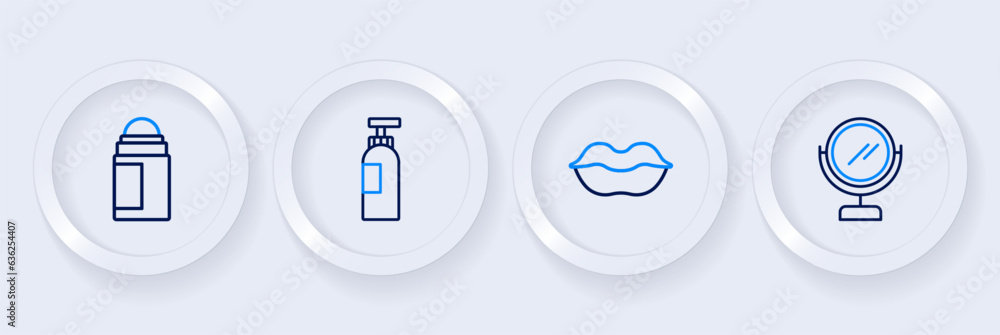 Set line Round makeup mirror, Smiling lips, Bottle of shampoo and Deodorant roll icon. Vector Set line Round makeup mirror, Smiling lips, Bottle of shampoo and Deodorant roll icon. Vector