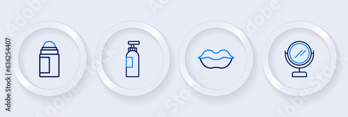 Set line Round makeup mirror, Smiling lips, Bottle of shampoo and Deodorant roll icon. Vector
