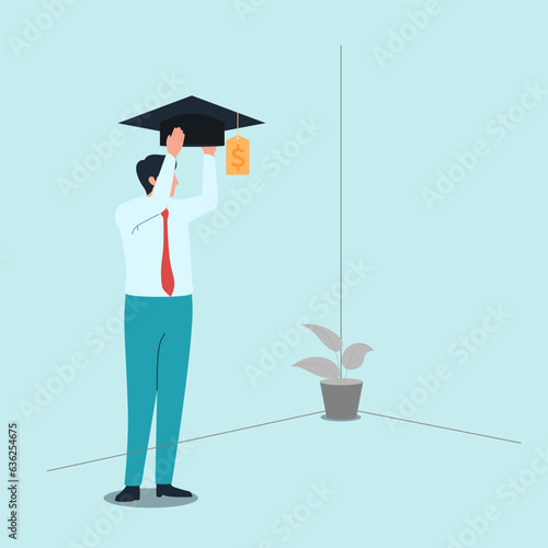 person holding a graduation cap with a string that is a metaphorical price tag of the high cost of education