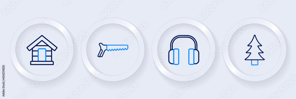 Set line Tree, Headphones, Hand saw and Dog house icon. Vector Set line Tree, Headphones, Hand saw and Dog house icon. Vector