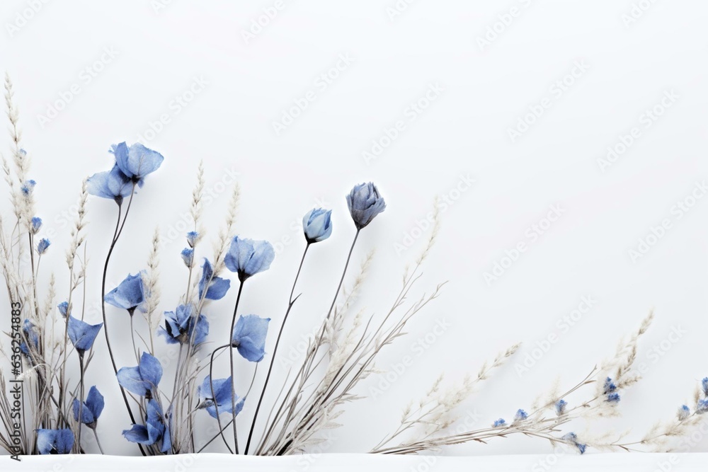 Dried blue wildflowers on a white background. Delicate, serene, minimalist arrangement. Generative AI - obrazy, fototapety, plakaty 