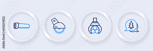 Set line Tree, Grapple crane grabbed a log, Electric circular saw and Hand icon. Vector