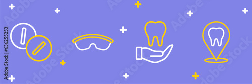 Set line Dental clinic location, Tooth, Safety goggle glasses and Toothache painkiller tablet icon. Vector