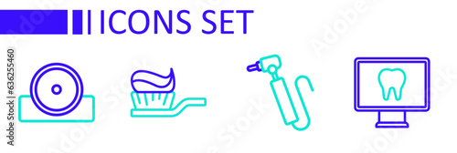 Set line Online dental care, Tooth drill, Toothbrush with toothpaste and Otolaryngological head reflector icon. Vector