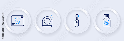 Set line Toothache painkiller tablet, Electric toothbrush, Dental floss and X-ray of icon. Vector