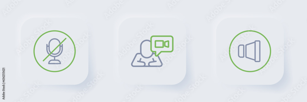 Set line Speaker volume, Video chat conference and Mute microphone icon. Vector Set line Speaker volume, Video chat conference and Mute microphone icon. Vector