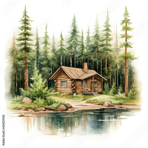 Idyllic Watercolor Painting of a Secluded Log Cabin in a Serene Forest by a Lake