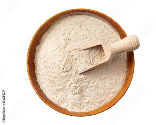 Psyllium husk flour powder on wood bowl and spoon isolated on white background. Health benefits of Psyllium flour concept.
