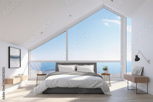 Luxury attic bedroom with panoramic windows. Minimalist design, ocean view © lermont51