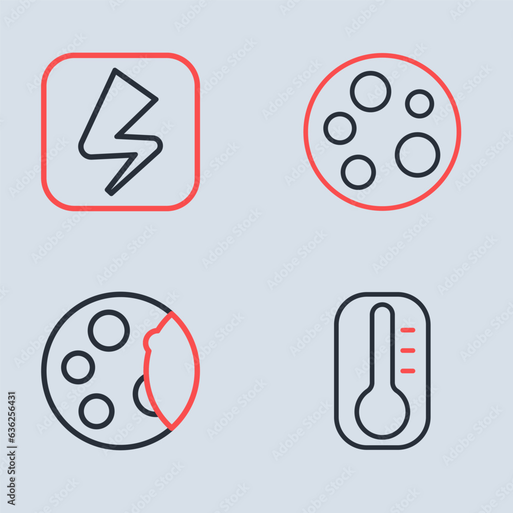 Set line Moon, phases, Thermometer and Lightning bolt icon. Vector Set line Moon, phases, Thermometer and Lightning bolt icon. Vector