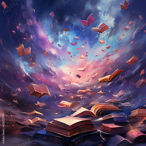 digital painting of books falling from the sky with violet and blue magical background