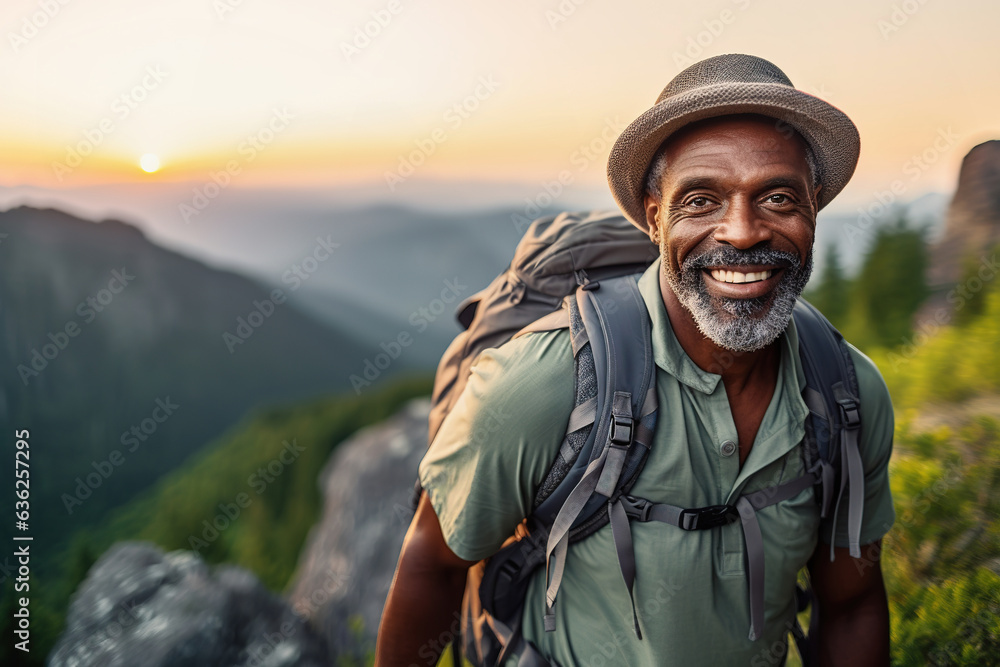 Active retired black man hiking outdoors in mountains in fall