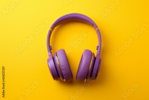 Purple headphones on yellow background. Generative AI